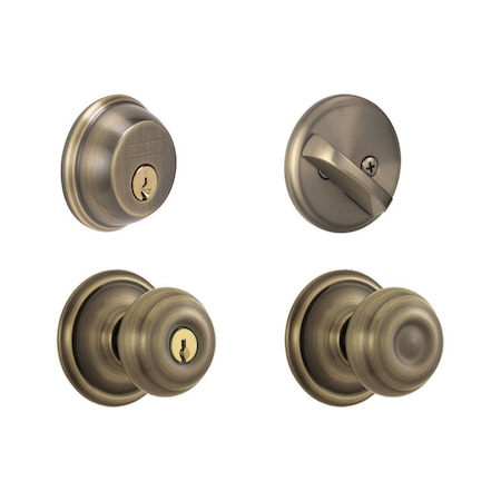 Schlage Schlage Georgian Antique Brass Knob and Single Cylinder Deadbolt 1-3/4 in. FB50NVGEO609